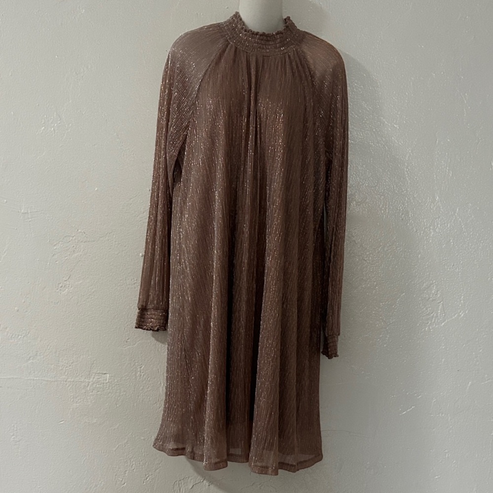Nina Leonard Shimmering rose gold Long Sleeve Dress